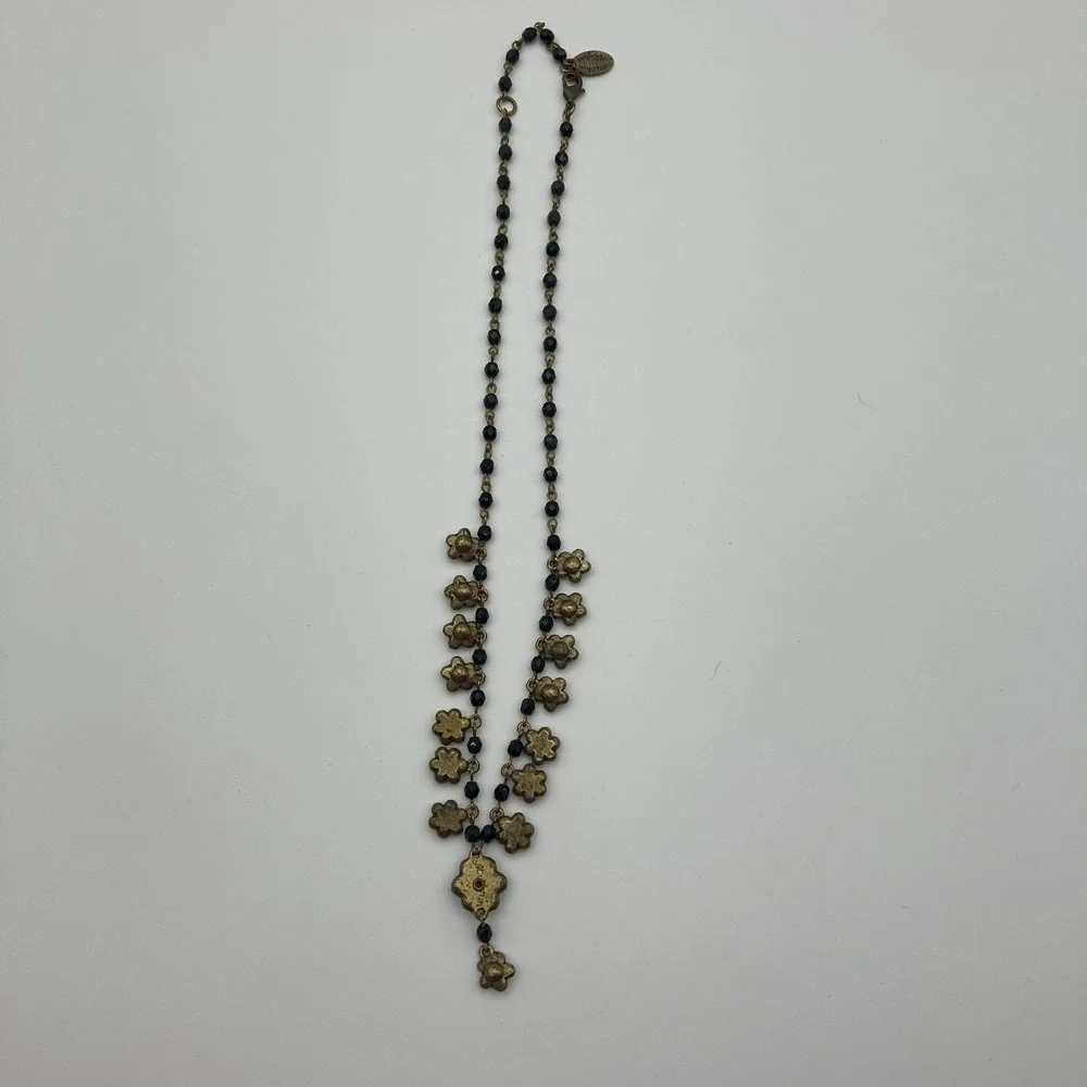 Vtg Michal Negrin Black Pink Beaded Floral Daisy Chain Choker Crystal Accents - Picture 5 of 9